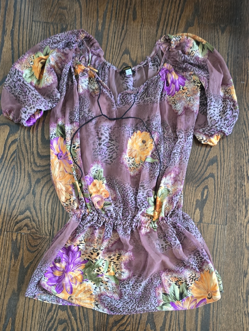 Sheer Floral Peasant Top Or Swim Coverup in Mauve with Yellow & Purple Blooms